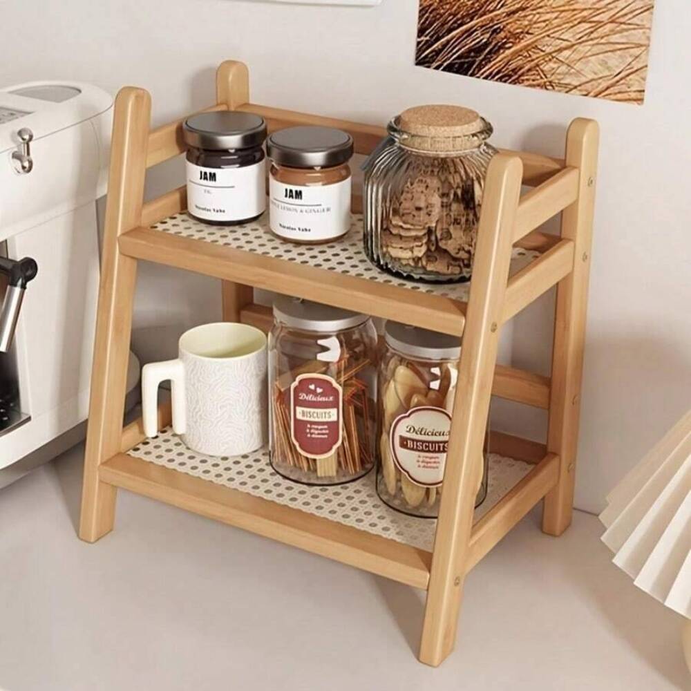 Commercial Kitchen Organiser - 2-laags bamboe aanrechtblad opbergrek, houten bureau-organizer,