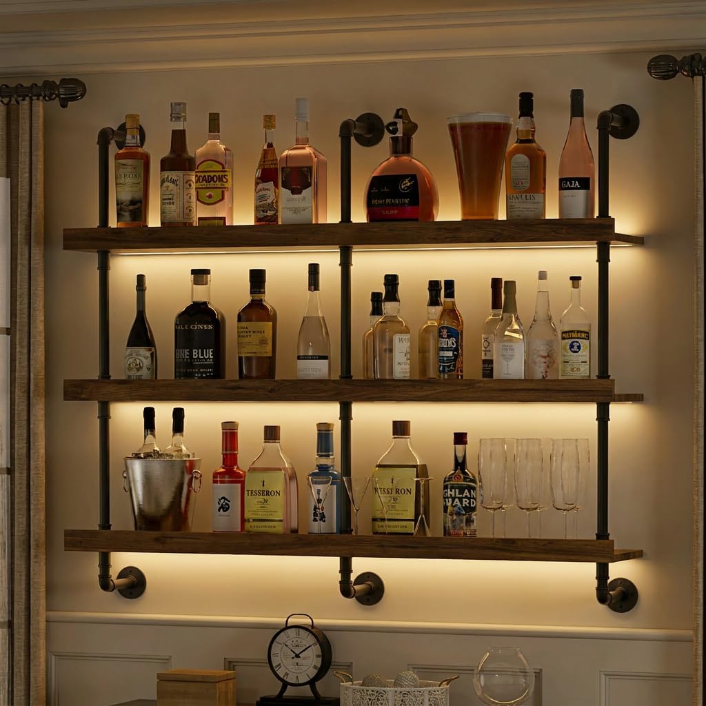 Commercial Kitchen Organiser - Wandgemonteerd wijnrek met LED-verlichting, drie lagen